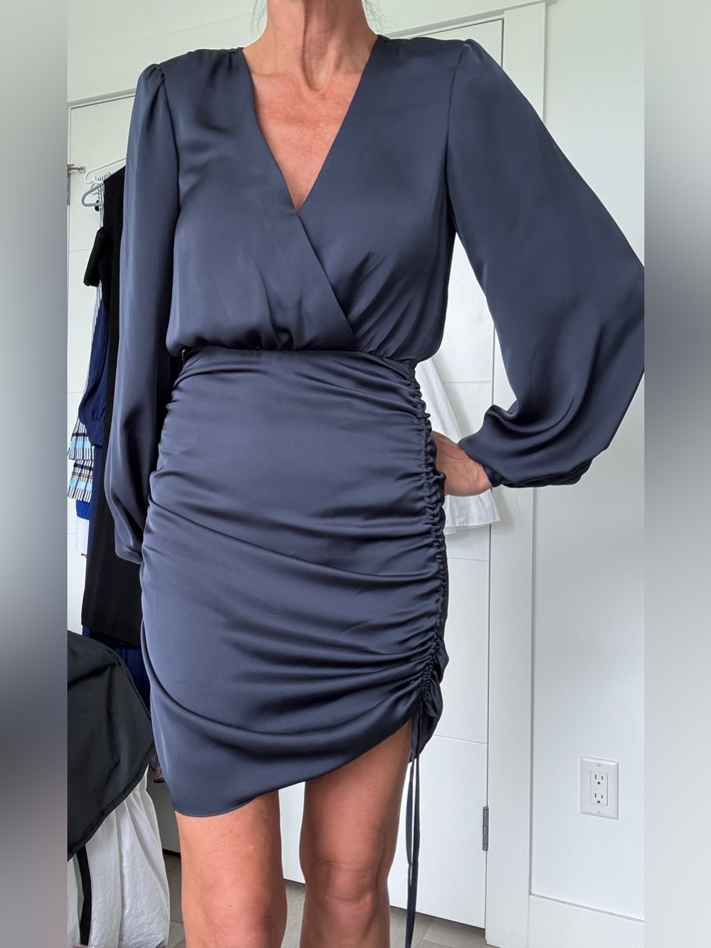 Ramy Brook Navy Long-Sleeve Ruched Silk Dress